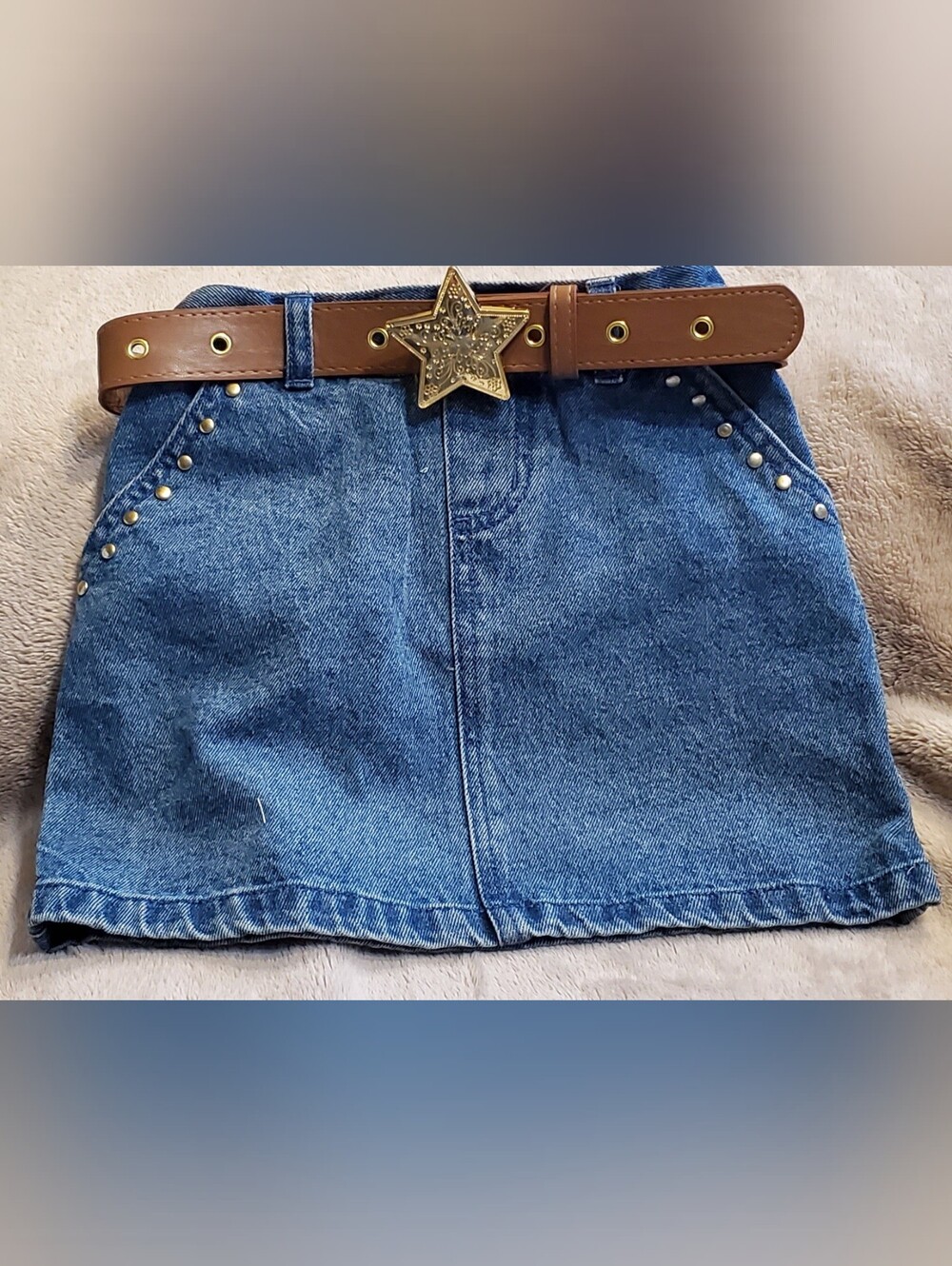 Denim Mini Skirt with Stud Detail - Blue
